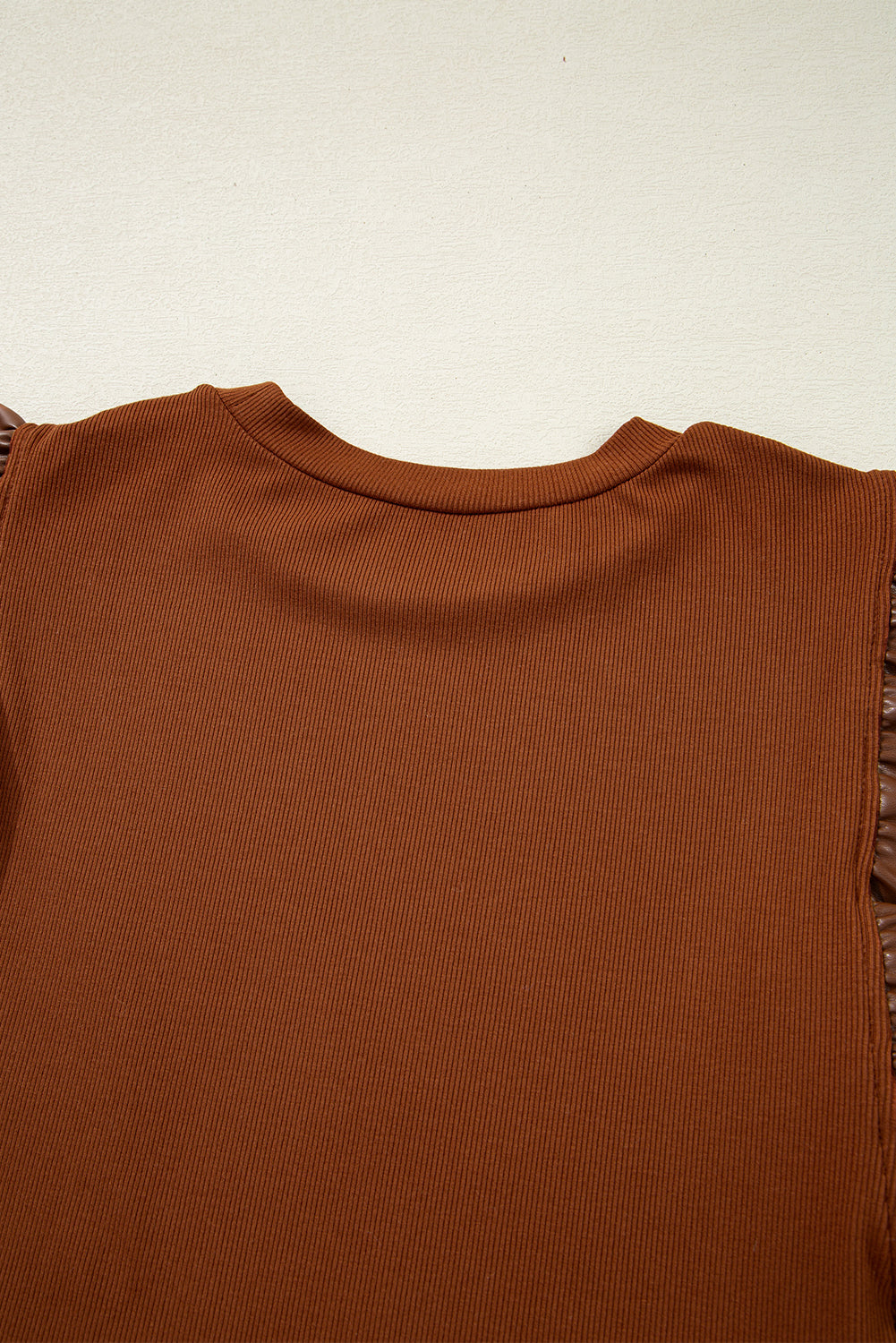 Black Leather Ruffle Sleeve Patchwork Round Neck Blouse