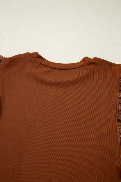 Black Leather Ruffle Sleeve Patchwork Round Neck Blouse