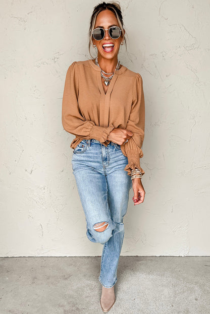 Rose Red Solid Color Shirred Cuff Notch V Neck Blouse