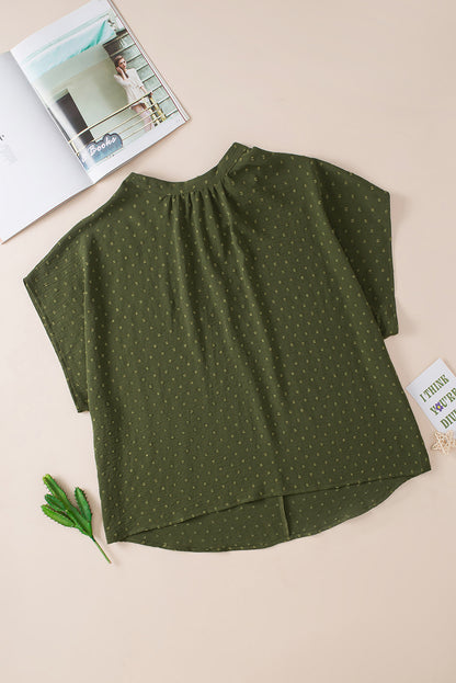 Moss Green Plus Size Swiss Dot Mock Neck Tied Nape Top