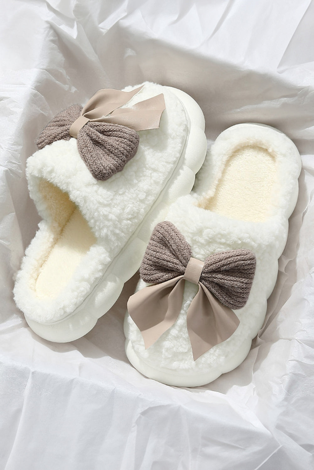 Camel Contrast Bowknot Applique Plush Winter Slippers (Bow Colors May Differ by Batch)