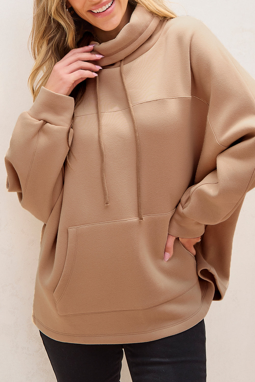 Apricot Drawstring Turtleneck Dolman Sleeve Sweatshirt