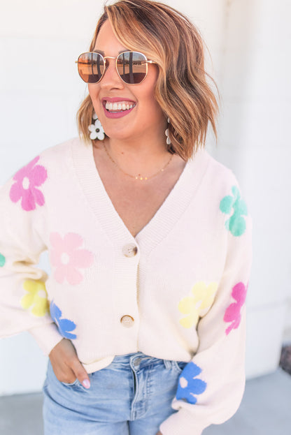 Beige Floral Pattern V Neck Buttoned Plus Size Cardigan