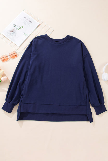 Parchment Solid O Neck High Low Hem Pullover Sweatshirt