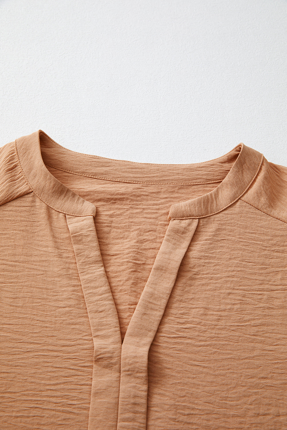 Rose Red Solid Color Shirred Cuff Notch V Neck Blouse