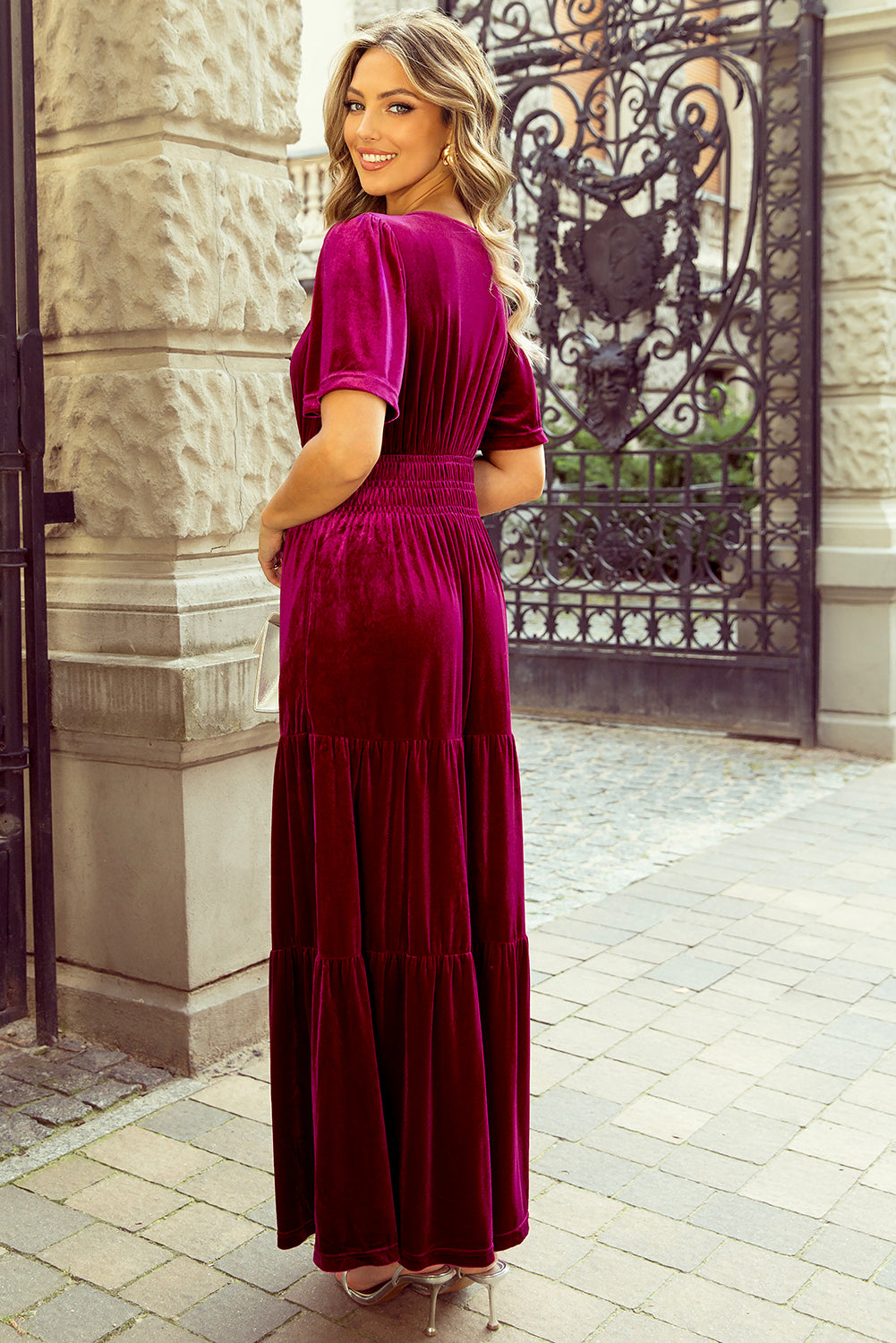 Prussian Blue Velvet Short Sleeve Shirred Waist Tiered Maxi Dress