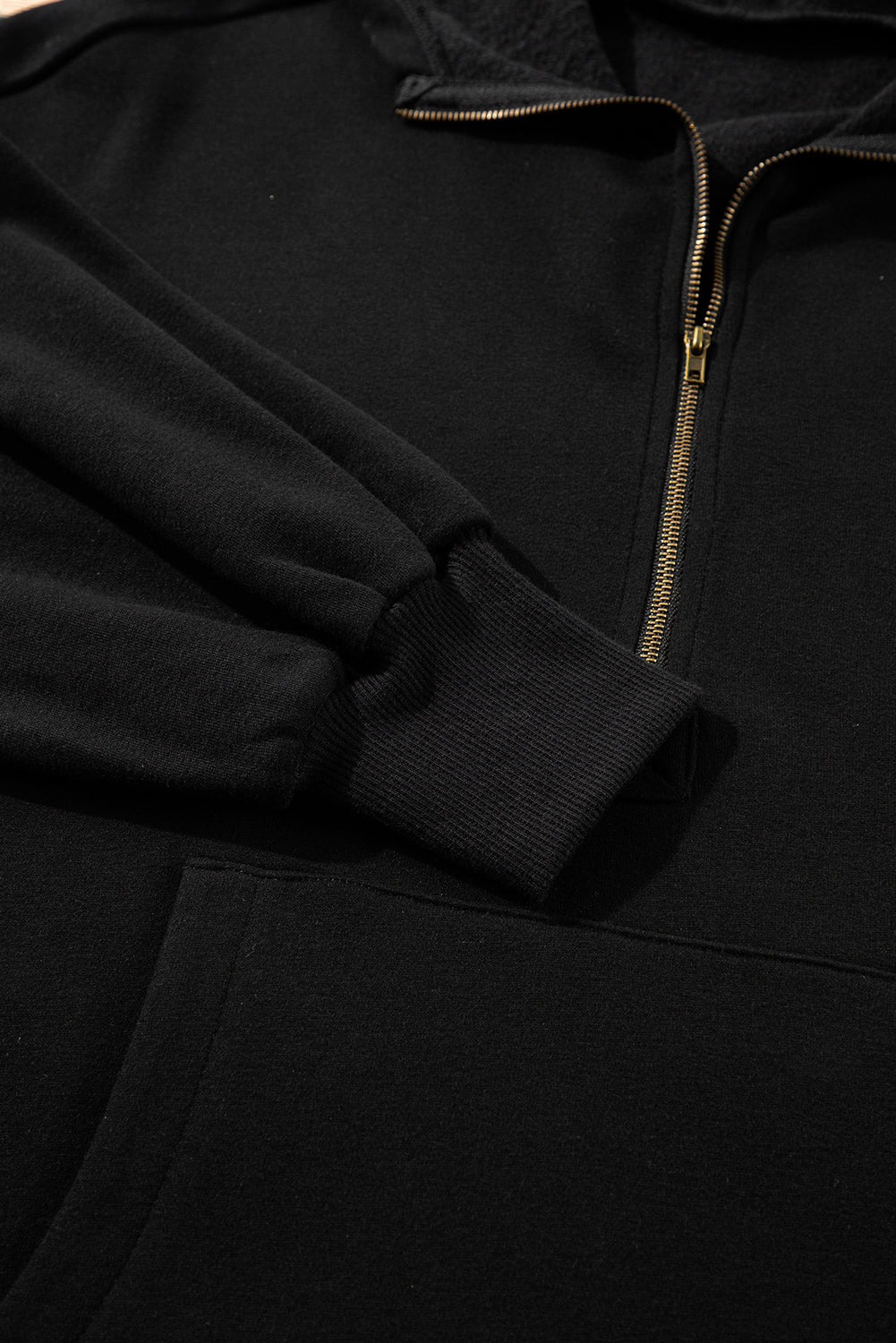 Bonbon Fleece Lined Half Zipper Kangaroo Pockets Loose Hoodie