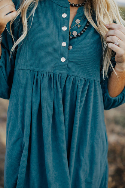 Gold Flame Corduroy Snap Buttons Empire Waist Bracelet Sleeve Dress