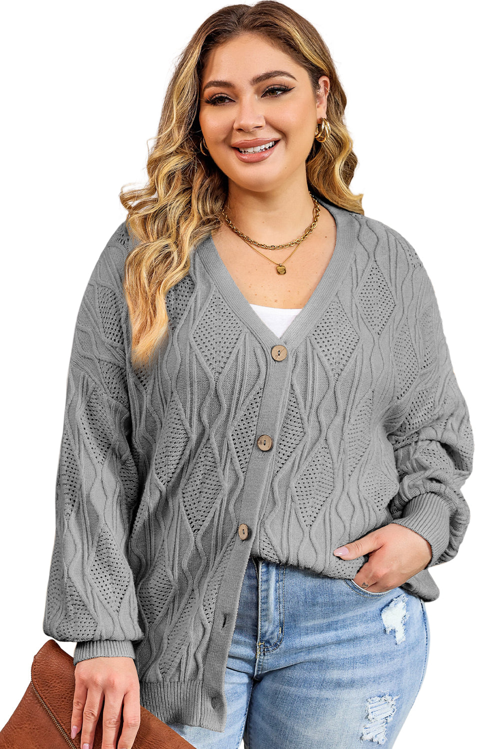 Apricot Plus Size Knitted Hollow Out Button Up Cardigan