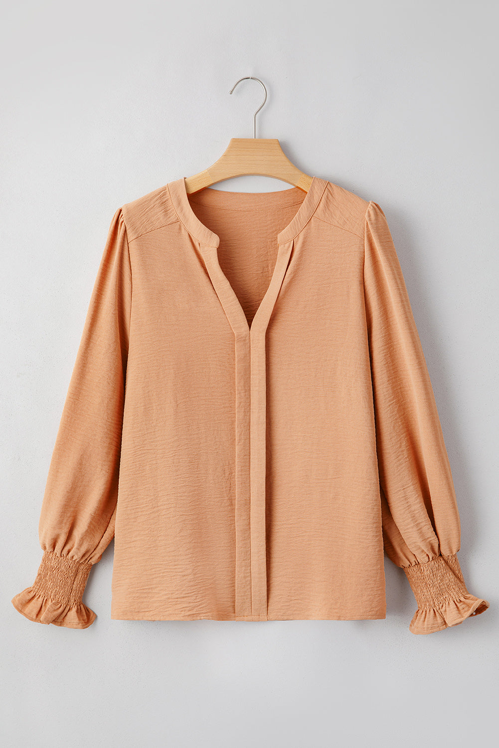 Rose Red Solid Color Shirred Cuff Notch V Neck Blouse