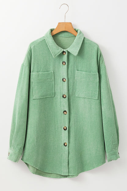 Light French Beige Patched Pocket Button Up Corduroy Shacket