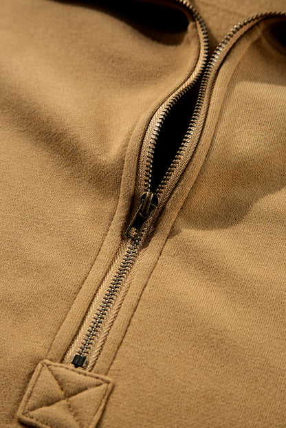 Bonbon Fleece Lined Half Zipper Kangaroo Pockets Loose Hoodie