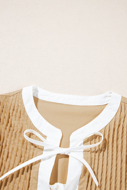 Pale Khaki Contrast Trim Pintuck Puff Sleeve Tied Neck Short Dress
