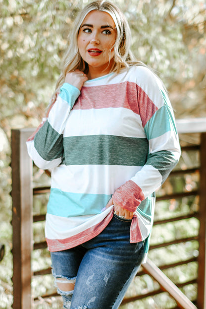 Green Stripe Plus Size Colorblock Pullover Top