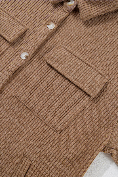 Black Solid Color Corduroy Buttoned Long Sleeve Shacket