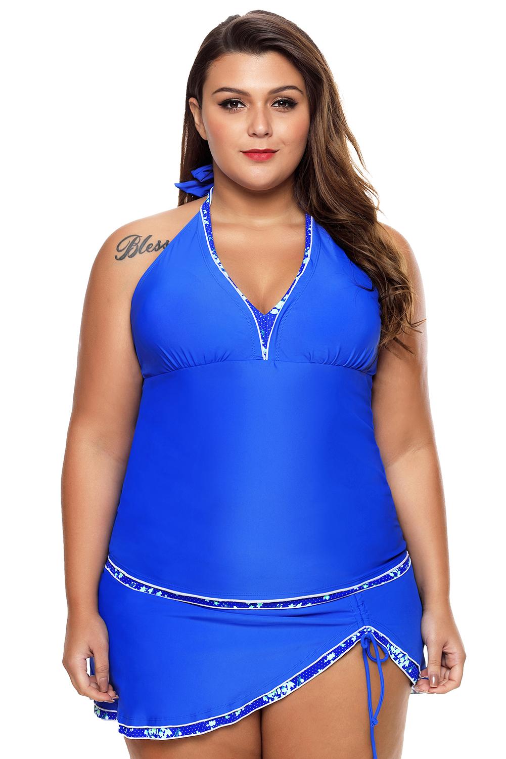 Sky Blue Contrast Trim Tankini Top with Swimsuit Skirt Tankini Set