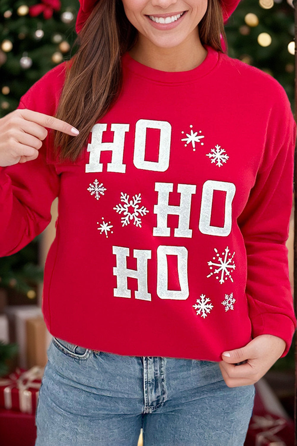 Fiery Red Christmas Ho Ho Ho Graphic Plus Size Sweatshirt