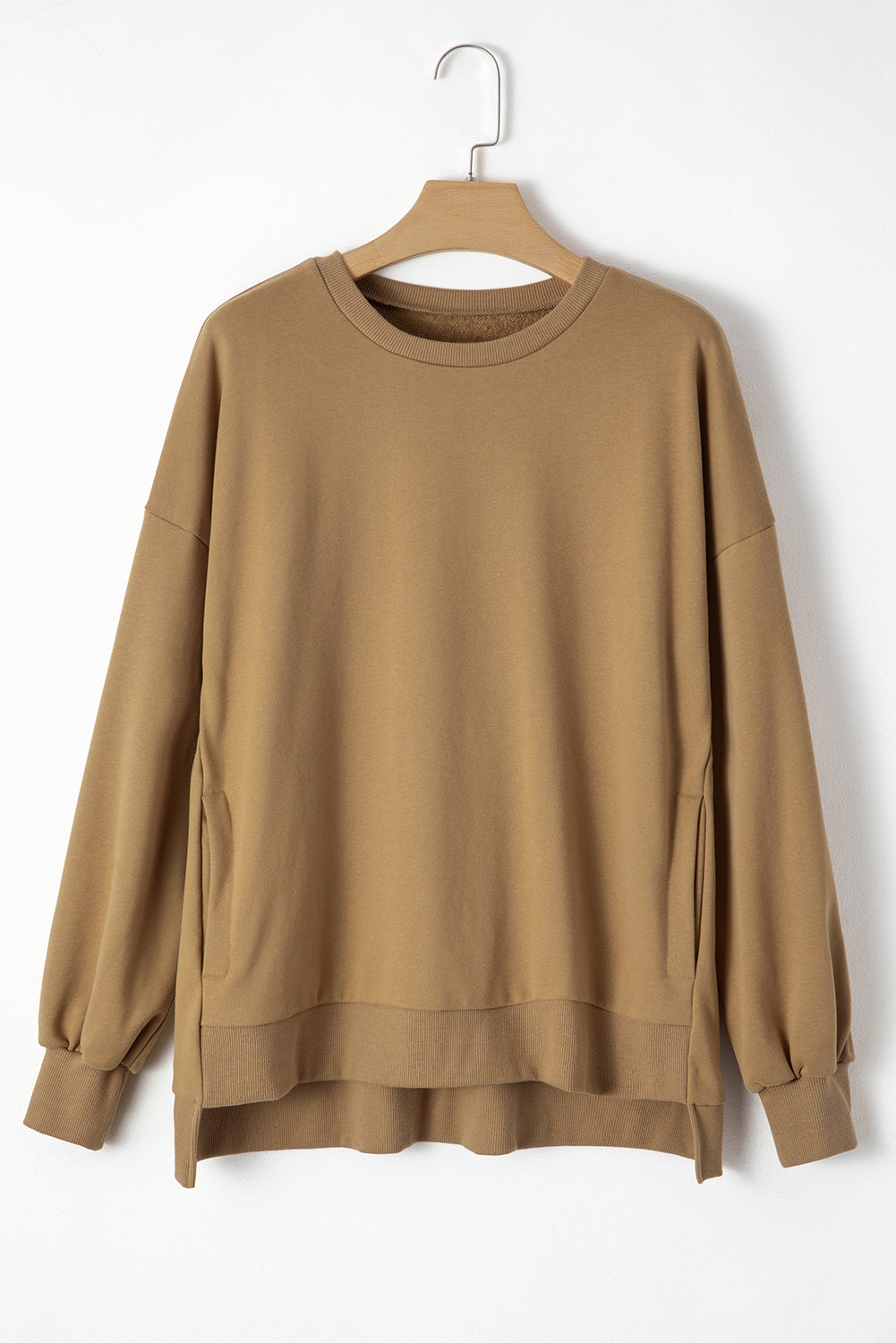 Parchment Solid O Neck High Low Hem Pullover Sweatshirt