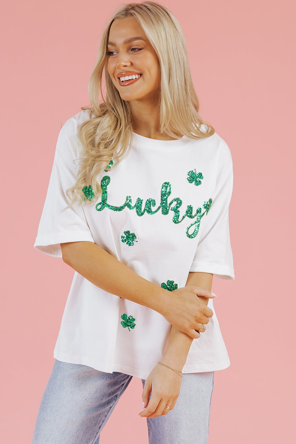 White St Patrick Lucky Clover Sequin Graphic T Shirt