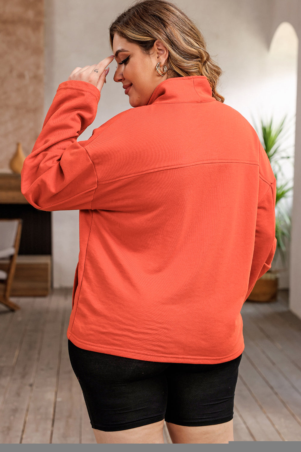 Orange O-ring Zipper Pocketed Plus Size Sweatshirt