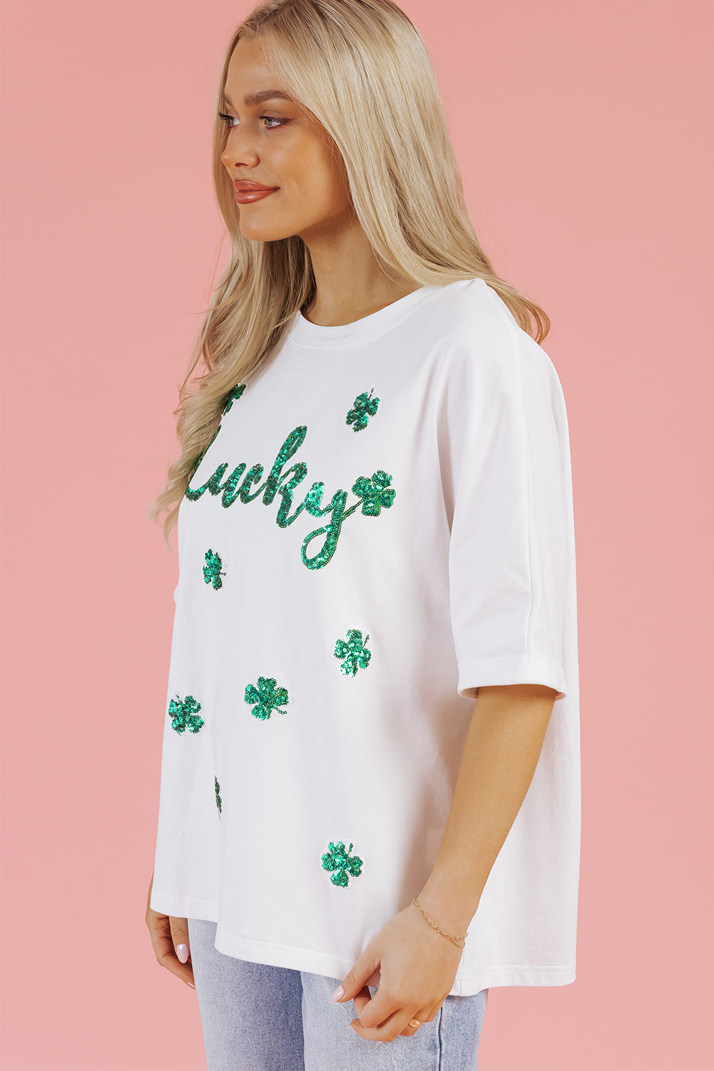 White St Patrick Lucky Clover Sequin Graphic T Shirt