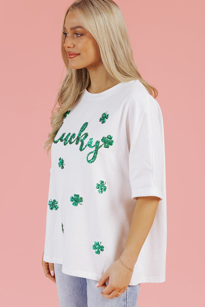 White St Patrick Lucky Clover Sequin Graphic T Shirt