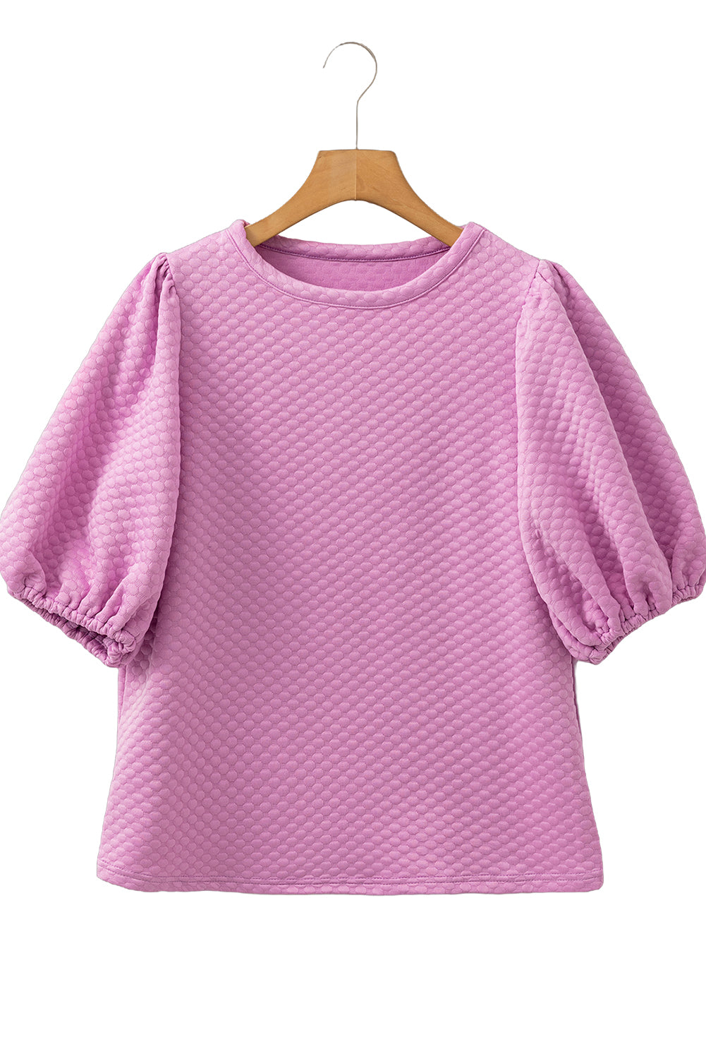 White Solid Textured O Neck Puff Sleeve Blouse