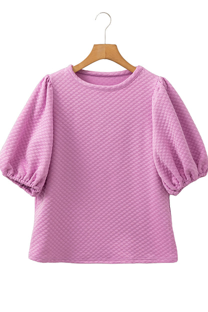 White Solid Textured O Neck Puff Sleeve Blouse