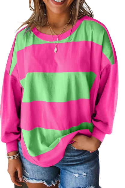 Blue Colorblock Striped Drop Shoulder Loose Top