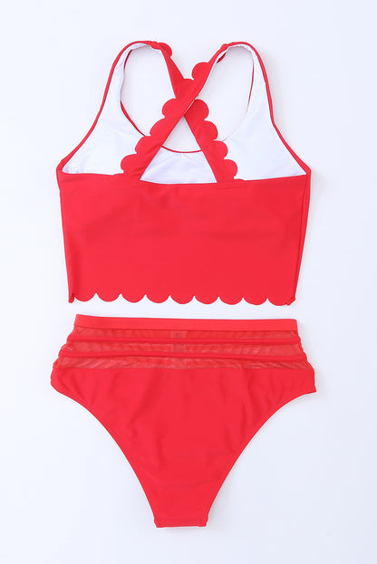 Rose Scalloped Criss Cross High Waist Bikini