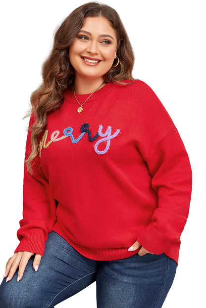 Fiery Red Tinsel merry Pattern Drop Shoulder Plus Size Sweater