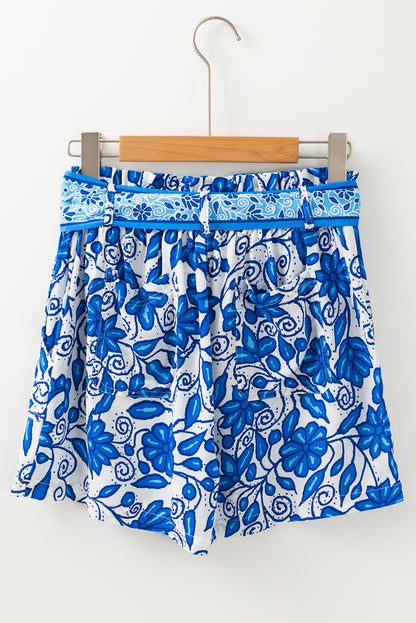 Green Floral Print Pocketed Front Knot High Waist Casual Shorts