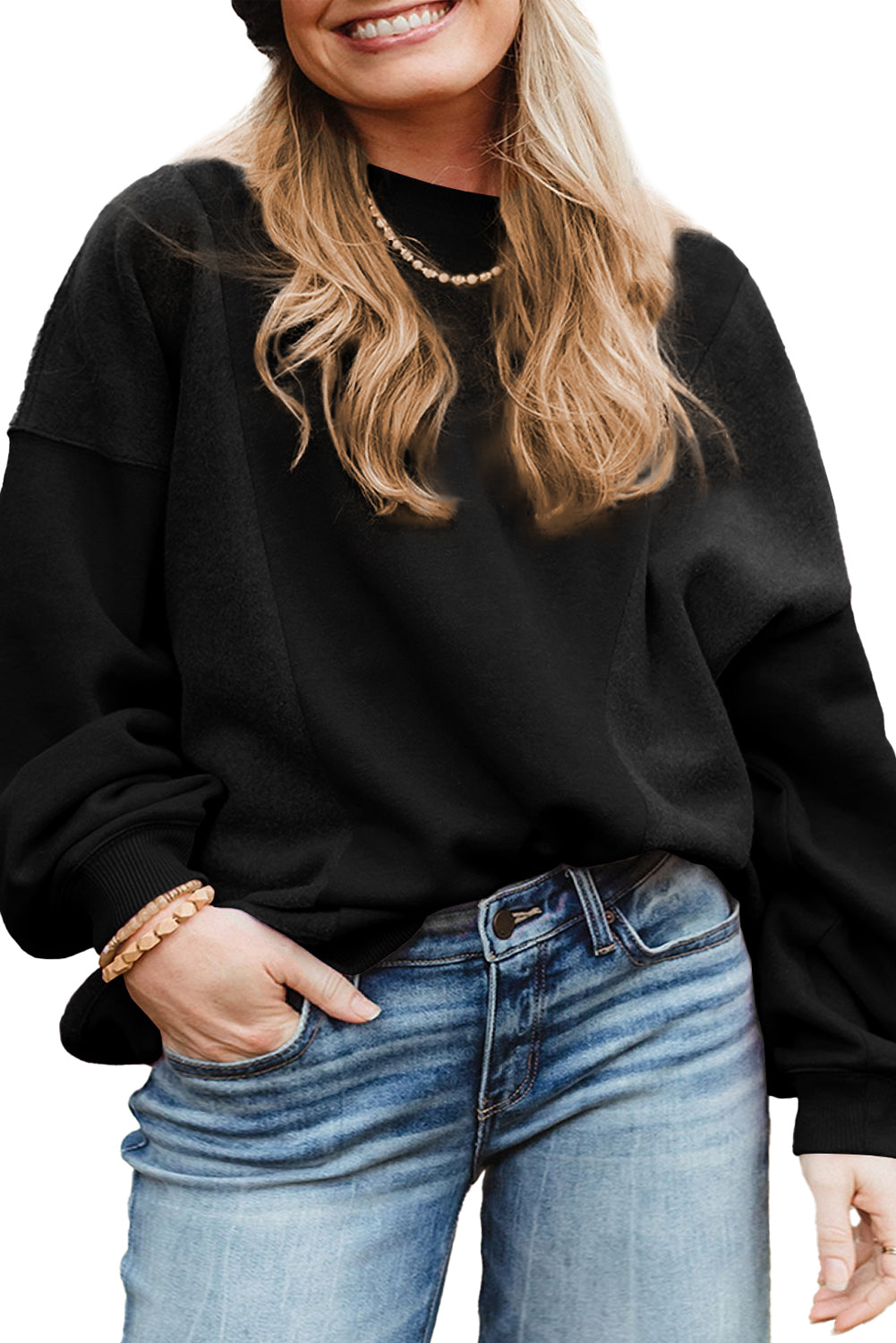 Black Loose Patchwork Crewneck Plus Size Sweatshirt