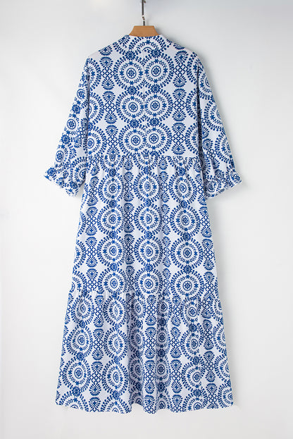 Sky Blue Geometric Print Lace-up Notch Neck Plus Size Maxi Dress