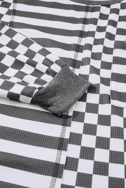 Rose Red Checkerboard Striped Patchwork Lantern Sleeve Pocketed Blouse