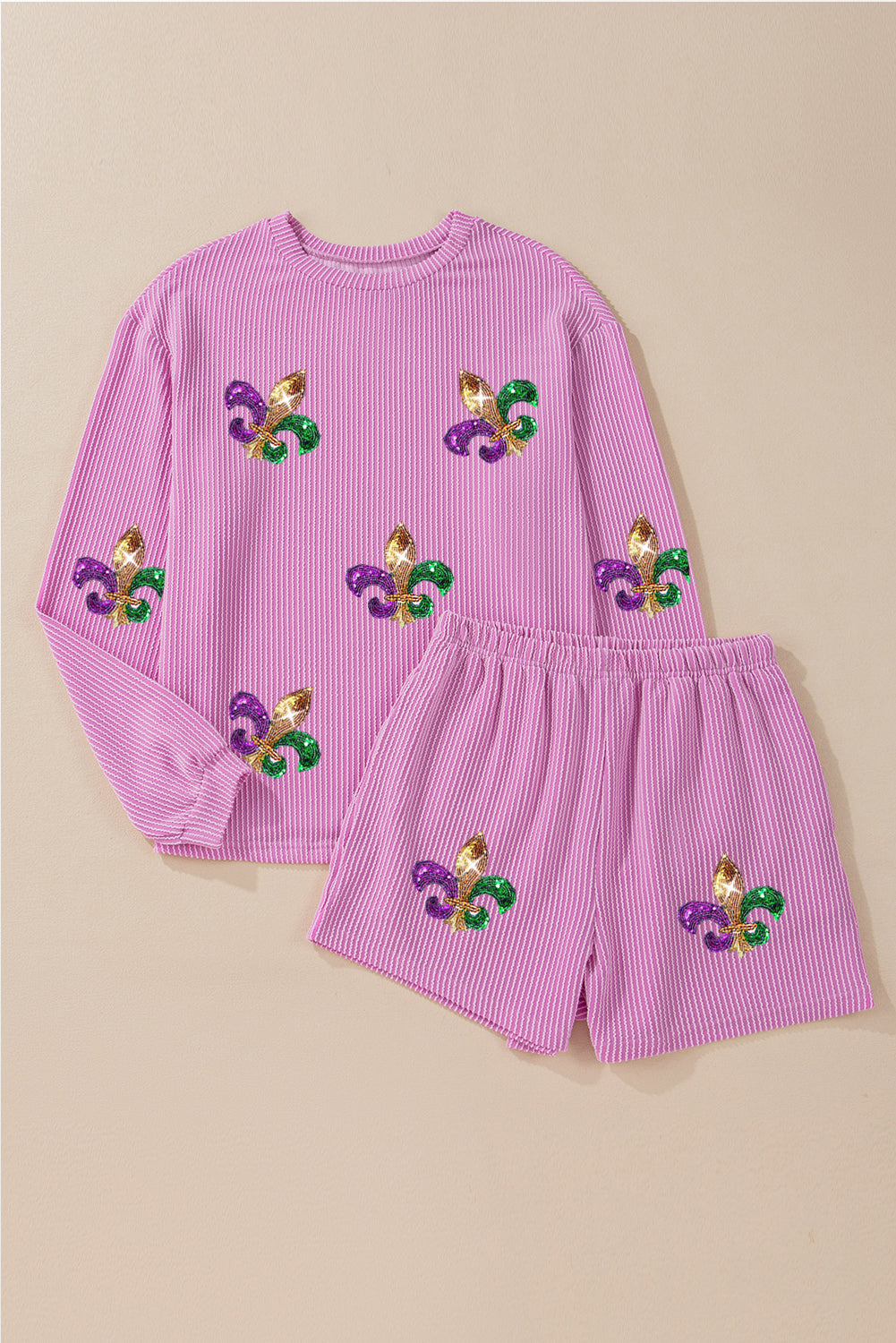 Carbon Grey Mardi Gras Fleur de Lis Patched Corded Long Sleeve Top and Shorts