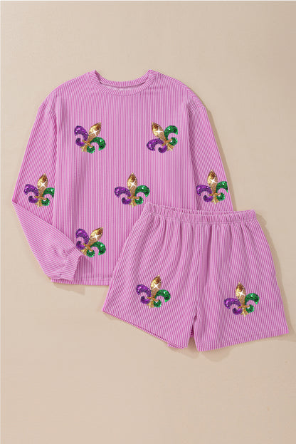 Carbon Grey Mardi Gras Fleur de Lis Patched Corded Long Sleeve Top and Shorts