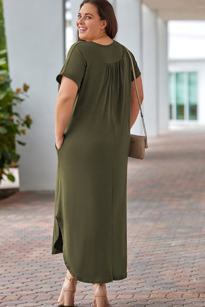 Green Plus Size V Neck Rolled Cuffs Maxi Dress