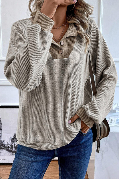 Black Color Contrast Ribbed Loose Fit Long Sleeve Top