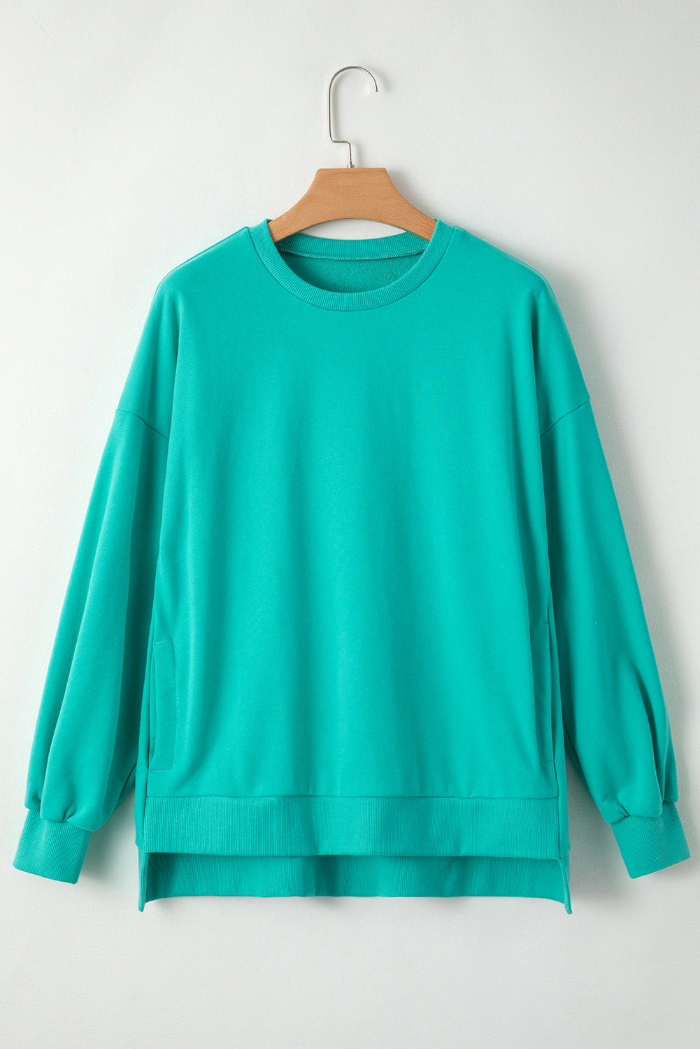 Parchment Solid O Neck High Low Hem Pullover Sweatshirt