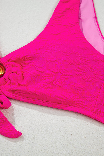 Rose Red Gold Shell Decor Wire-free Knotted 2pcs Bikini Swimsuit