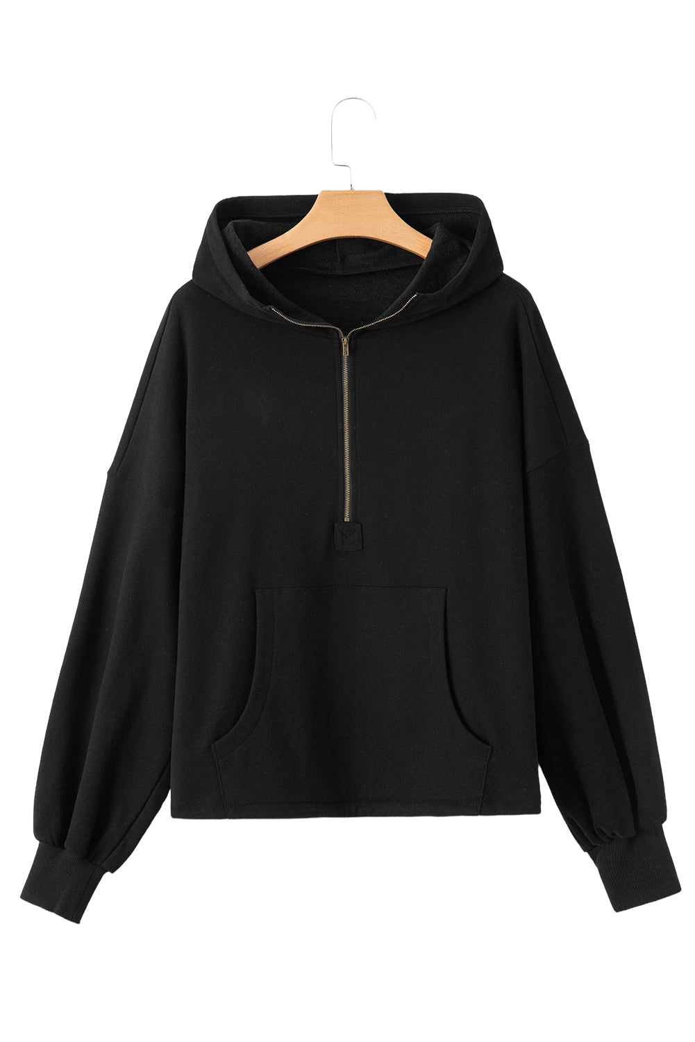 Bonbon Fleece Lined Half Zipper Kangaroo Pockets Loose Hoodie
