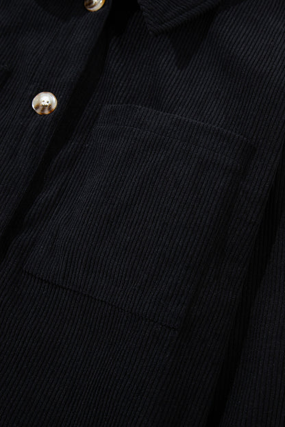 Pale Khaki Hooded Drawstring Pockets Corduroy Shacket