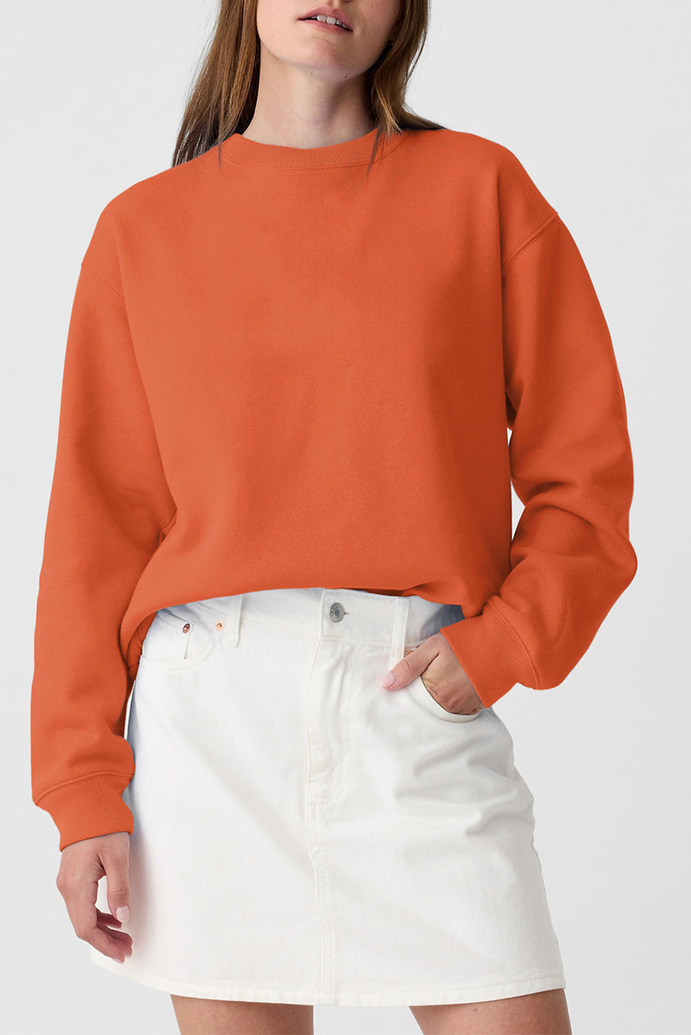 Navy Blue Plain Drop Shoulder Crewneck Pullover Sweatshirt