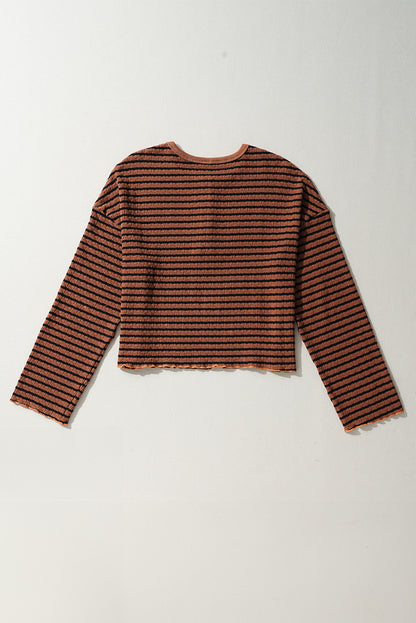 Green Stripe Textured Frilly Trim Buttons Henley Long Sleeve Top