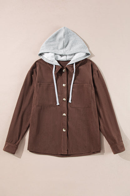 Pale Khaki Hooded Drawstring Pockets Corduroy Shacket
