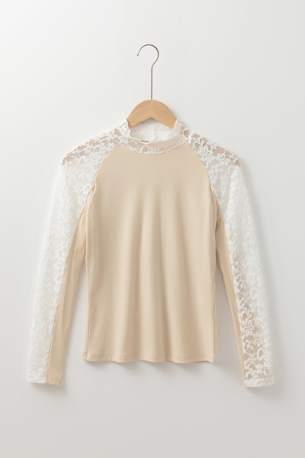 Black Floral Lace Patchwork Long Sleeve High Neck Slim Top