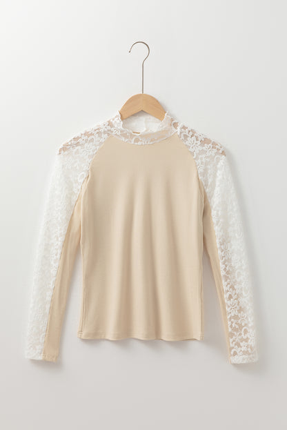 Black Floral Lace Patchwork Long Sleeve High Neck Slim Top