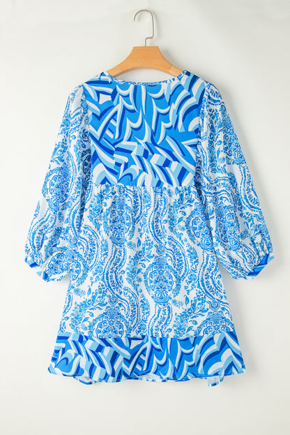 Orange Bohemian Print Puff Sleeve Tied V Neck Flared Mini Dress