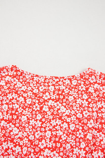 Red Plus Size Floral V Neck Flared Bracelet Sleeve Blouse